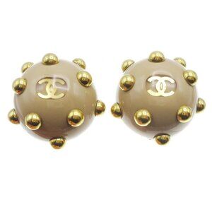 Chanel Studs Button Earrings Beige Gold Clip-On